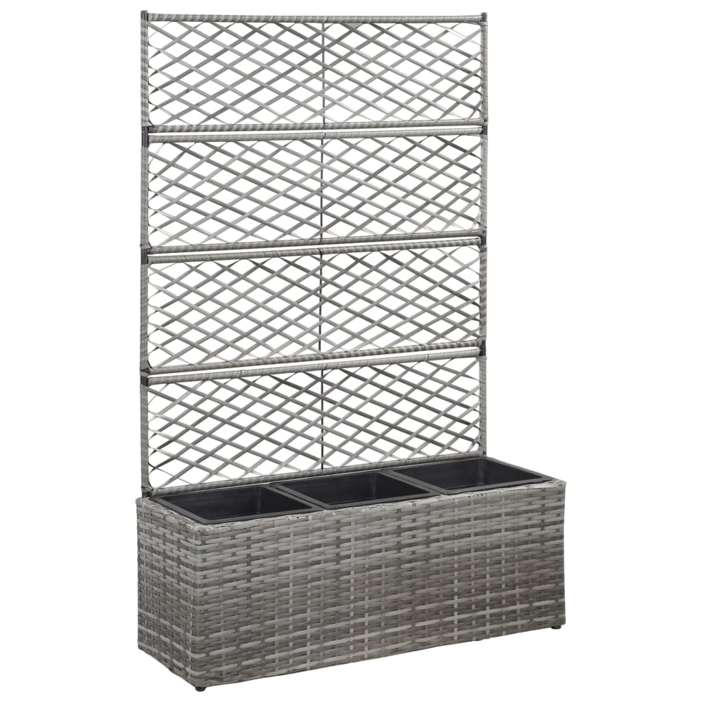 Enrejado y arriate 3 macetas ratán sintético gris 83x30x130 cm