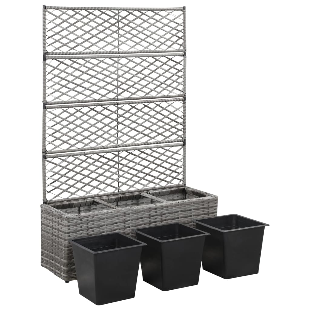 Enrejado y arriate 3 macetas ratán sintético gris 83x30x130 cm