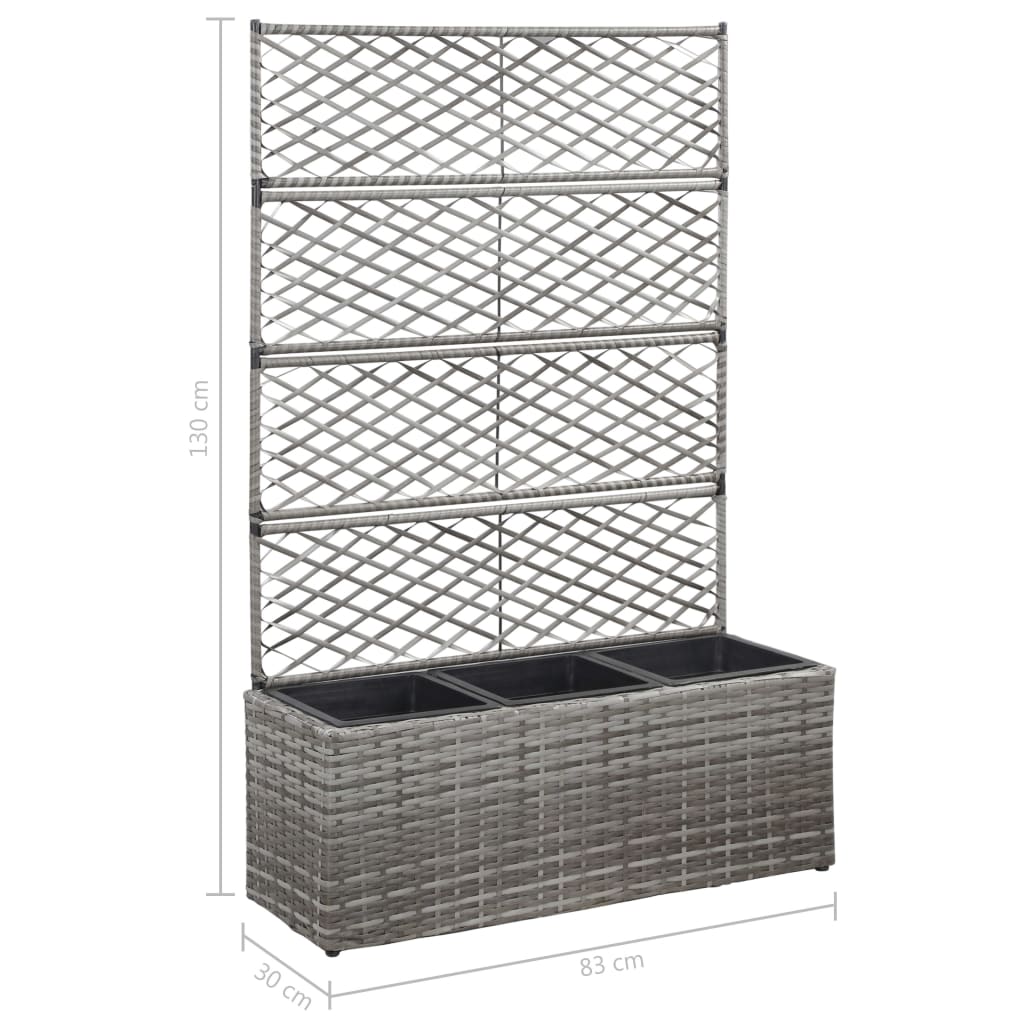Enrejado y arriate 3 macetas ratán sintético gris 83x30x130 cm