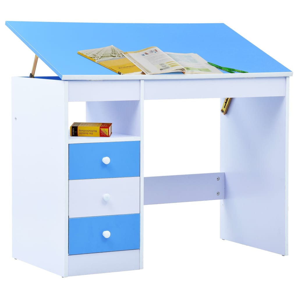 Escritorio infantil de dibujo inclinable azul y blanco