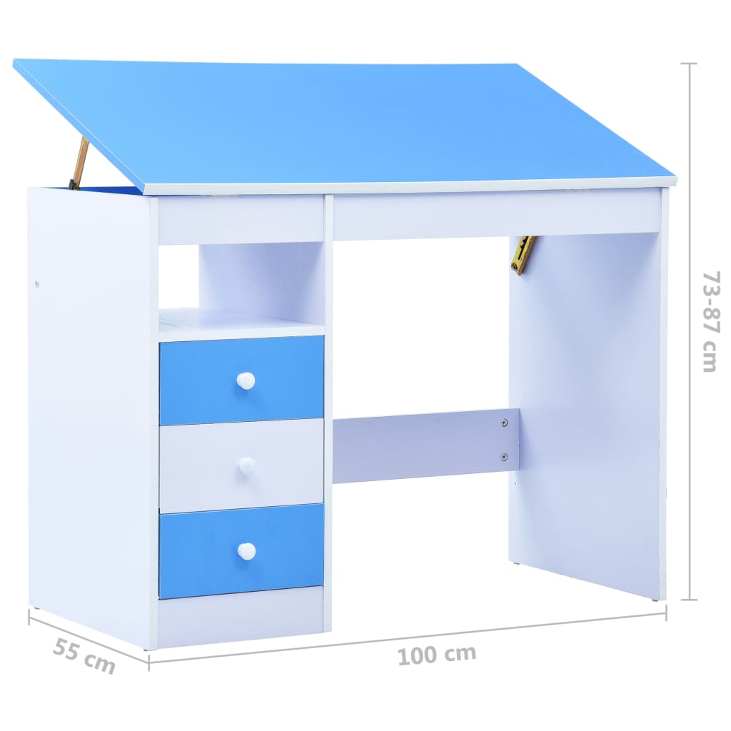 Escritorio infantil de dibujo inclinable azul y blanco