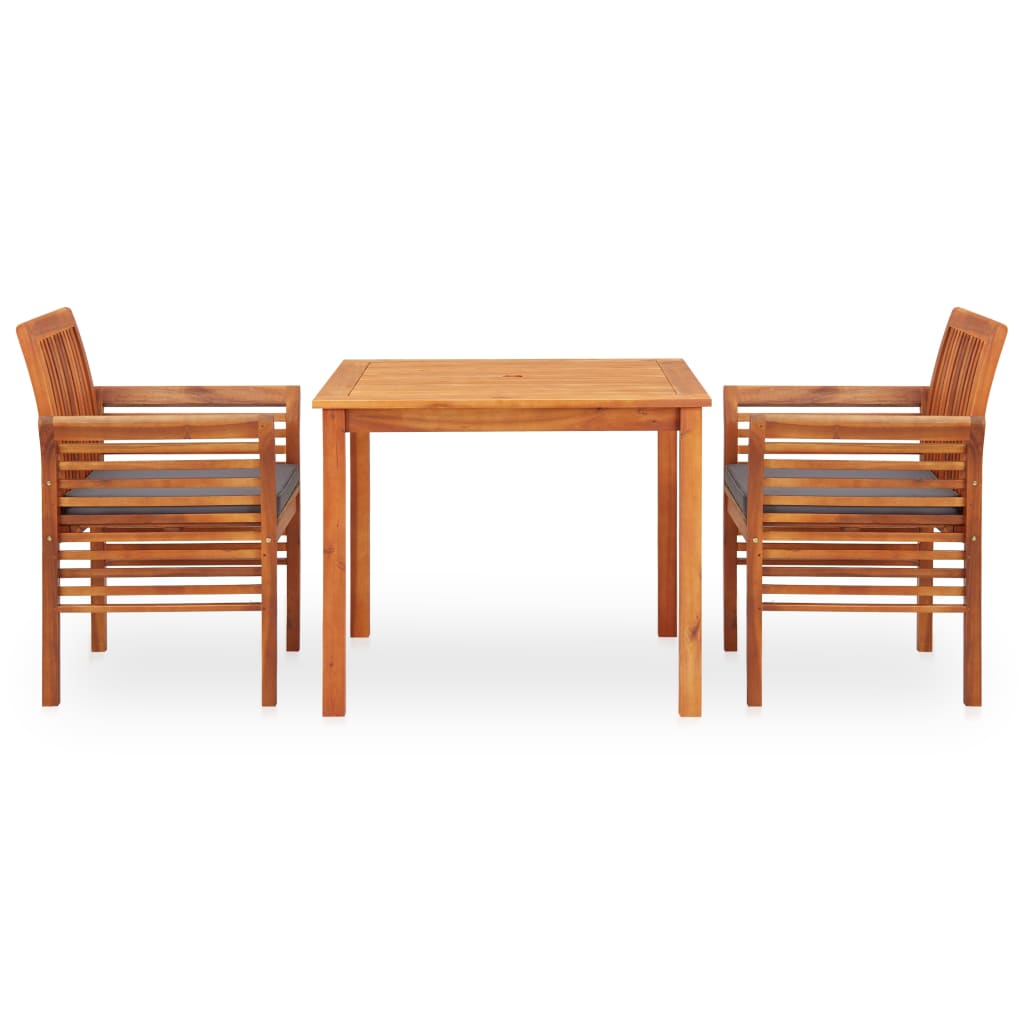 Set comedor de jardín 3 pzas y cojines madera maciza de acacia