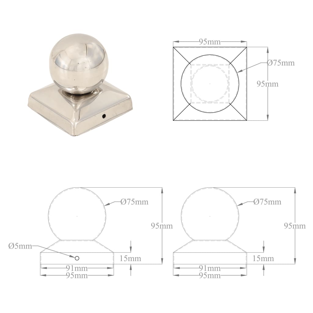 Tapas para postes 6 uds acero inoxidable globo final 91x91 mm