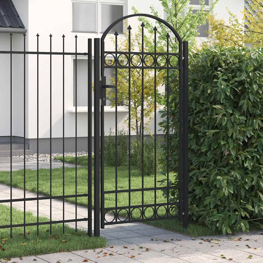 Puerta de valla ASSEN con arco superior de acero, 102 x 150 cm, negro