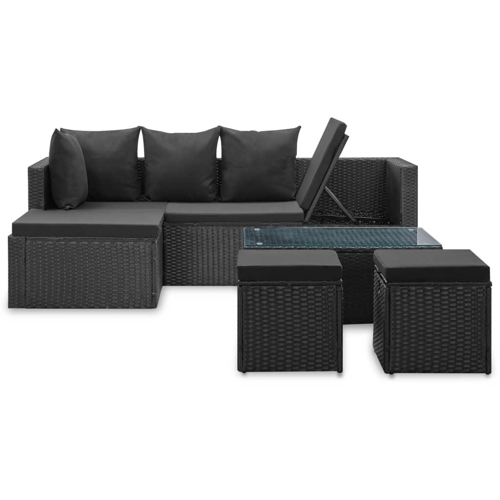 Set de muebles de jardín 4 pzas y cojines ratán sintético negro