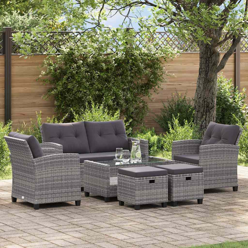 Muebles de jardín 6 pzas y cojines ratán sintético gris oscuro