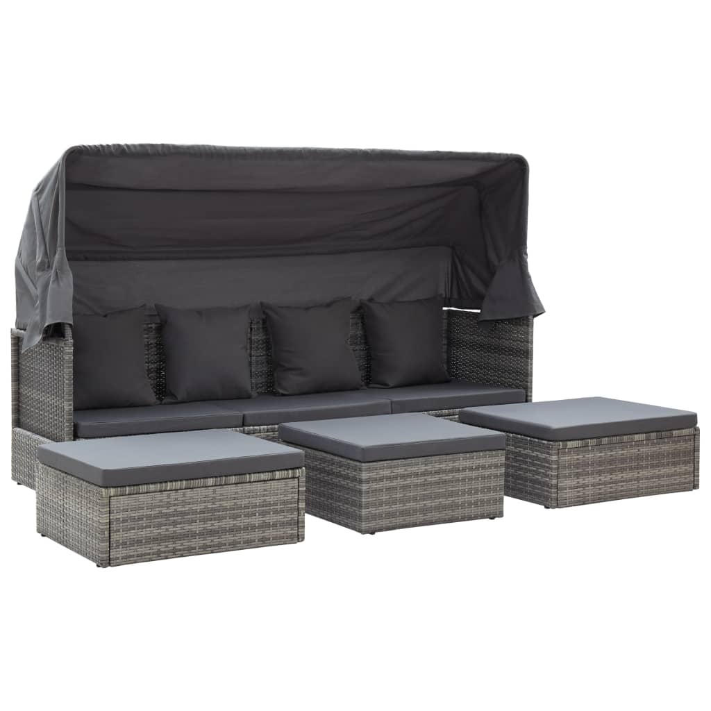Tumbona cama jardín con techo ratán sintético gris
