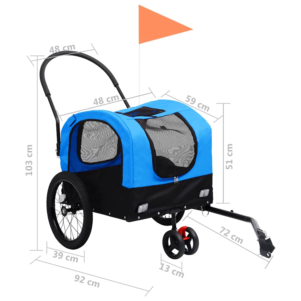 Remolque de bicicleta para mascotas cochecito 2 en 1 azul negro