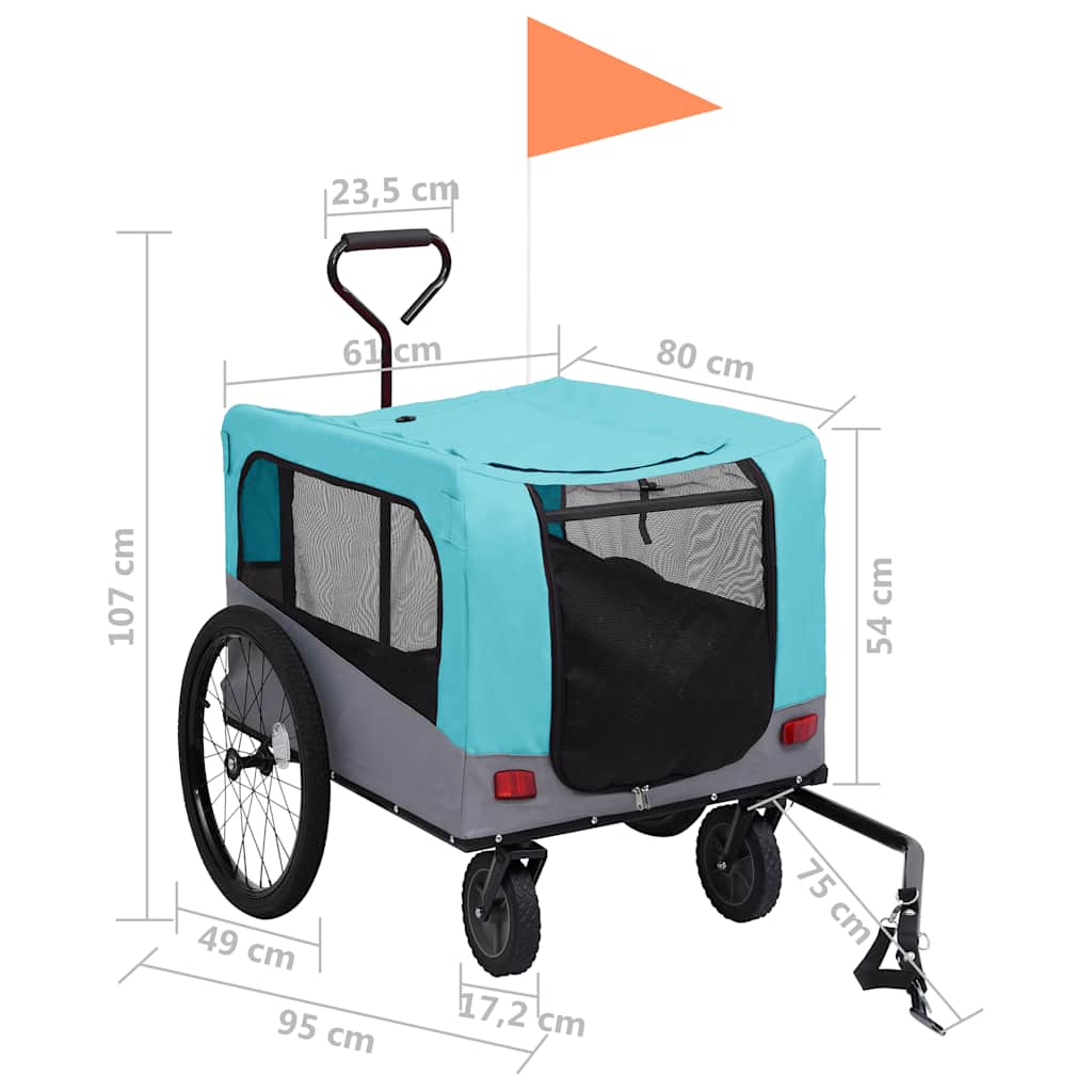 Remolque de bicicleta para mascotas cochecito 2 en 1 azul gris