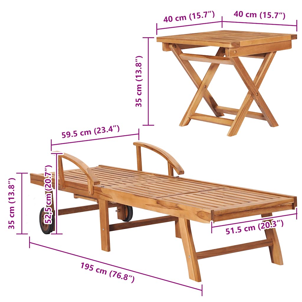 Tumbonas 2 uds con mesa madera maciza de teca