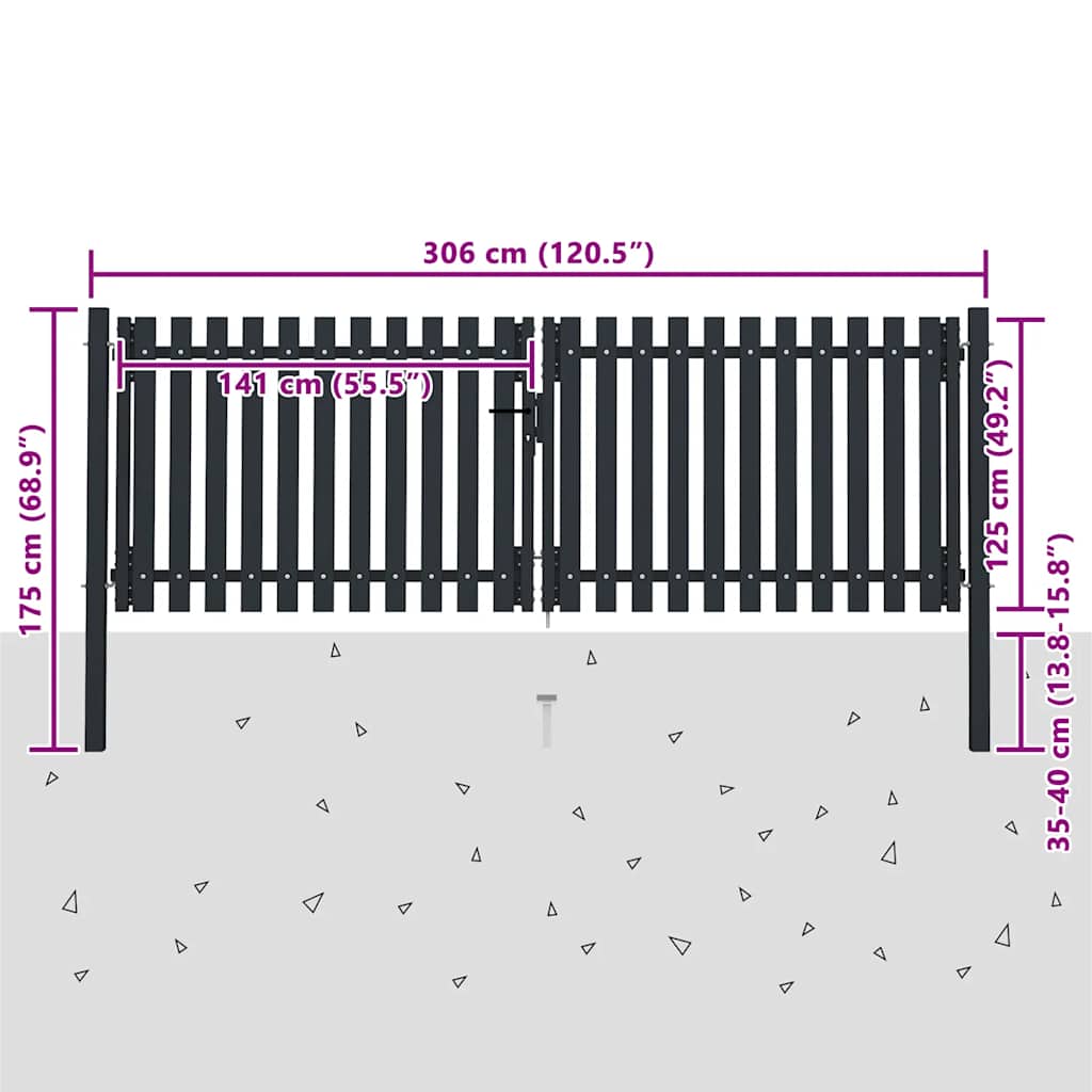 Puerta doble de acero para valla 300 x 125 cm antracita