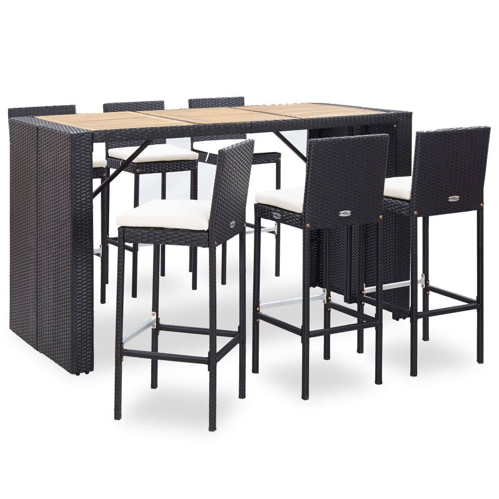 Set muebles bar jardín y cojines 7 pzas ratán sintético negro