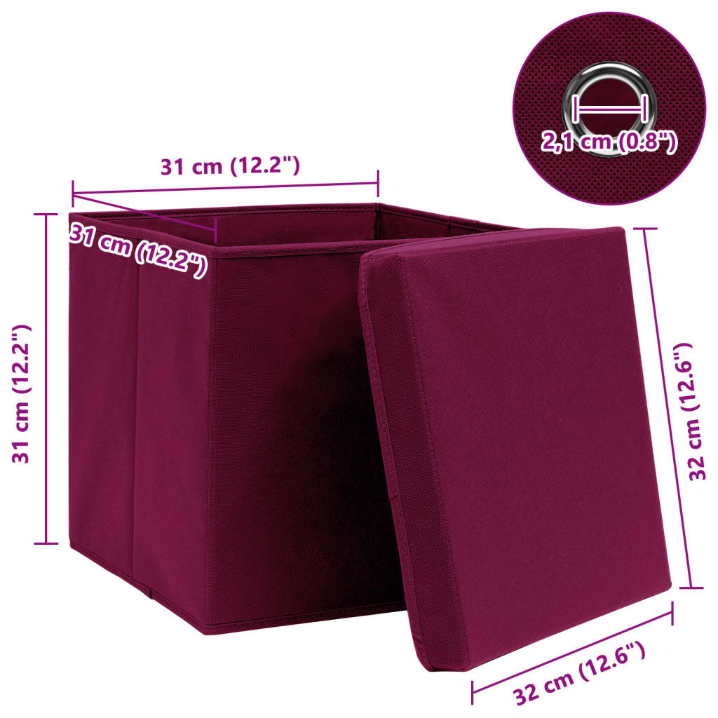 Caja de almacenaje con tapa 10 uds tela rojo oscuro 32x32x32 cm