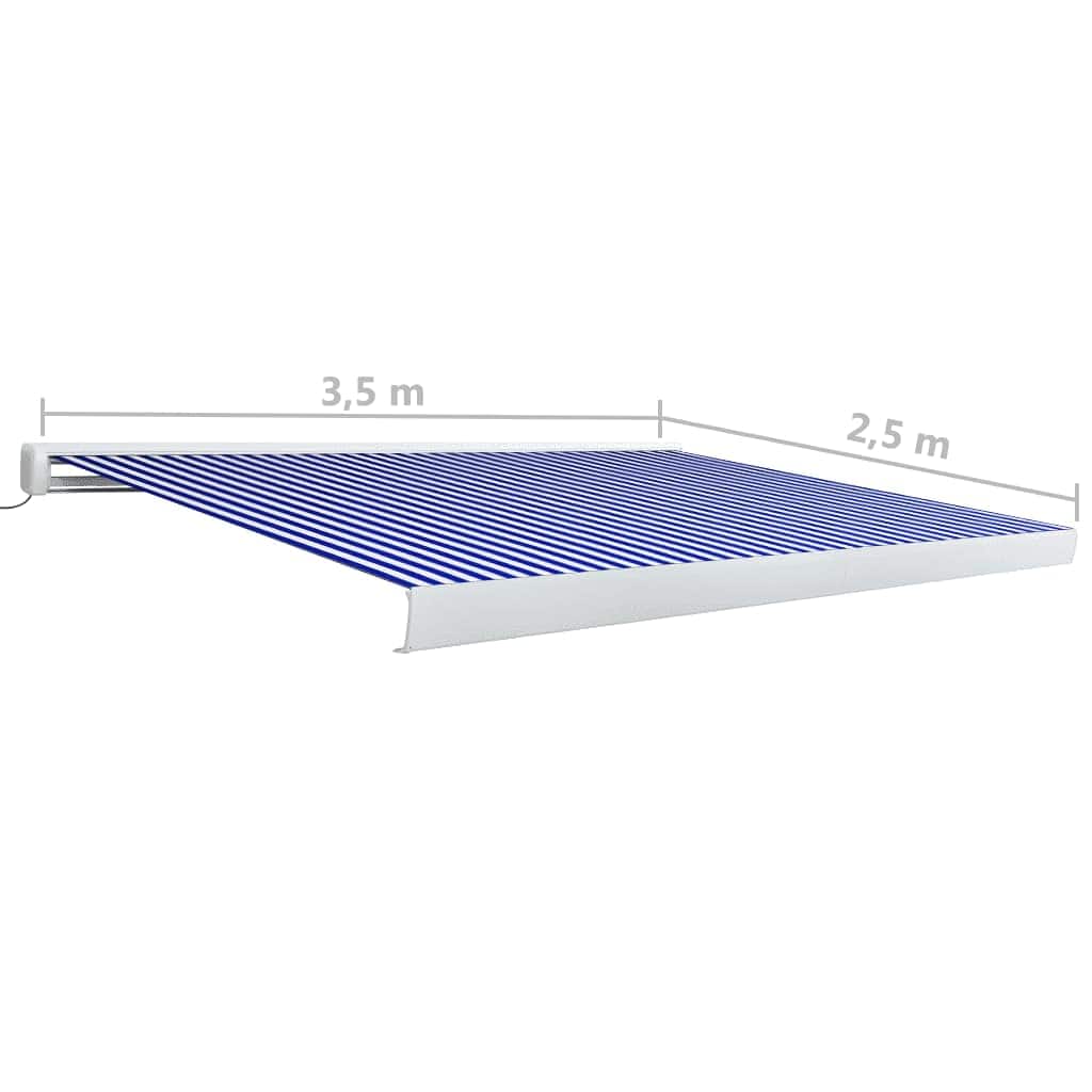 Toldo de carrete motorizado azul y blanco 350x250 cm