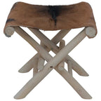 Taburete plegable de piel de cabra y madera de teca maciza