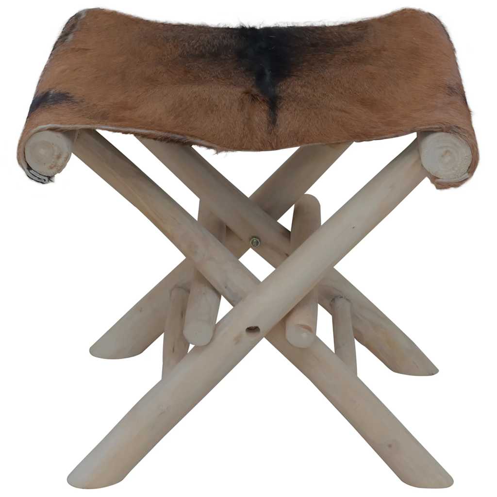 Taburete plegable de piel de cabra y madera de teca maciza