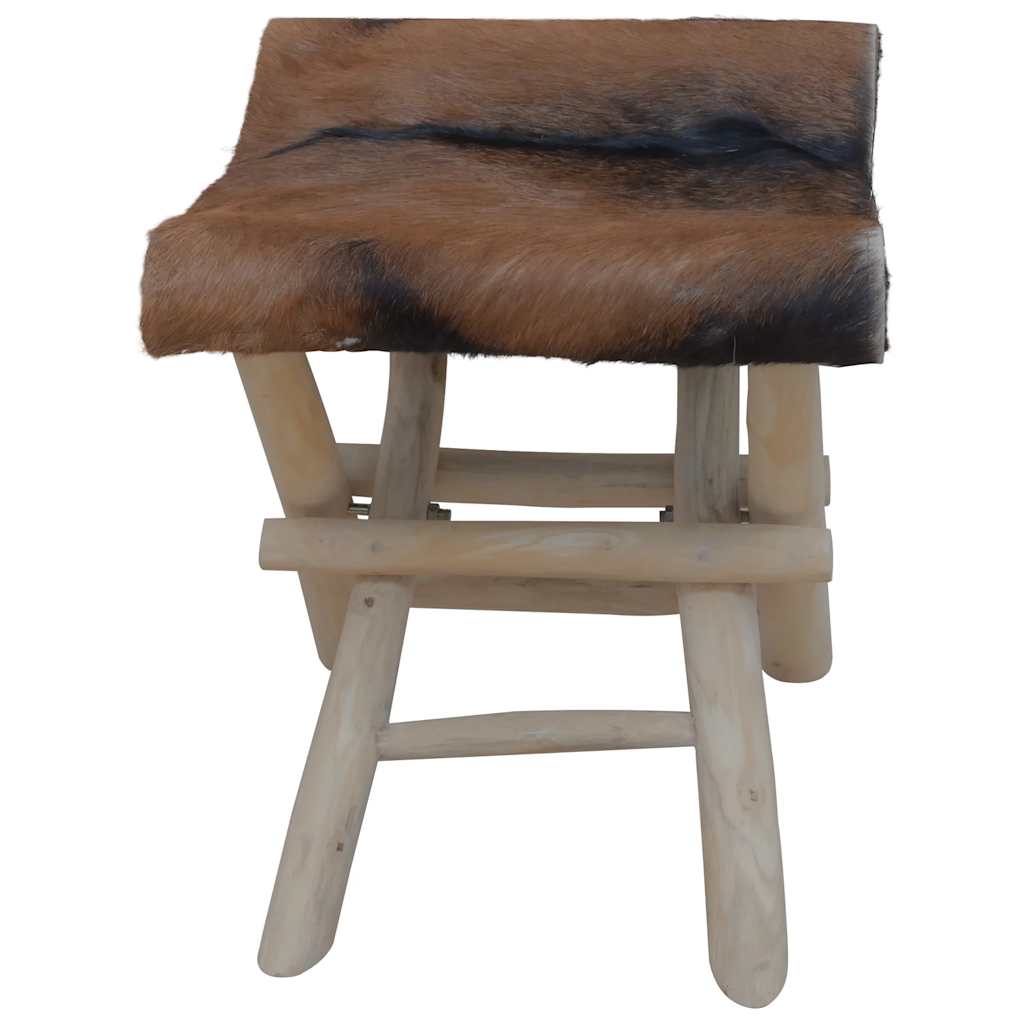 Taburete plegable de piel de cabra y madera de teca maciza