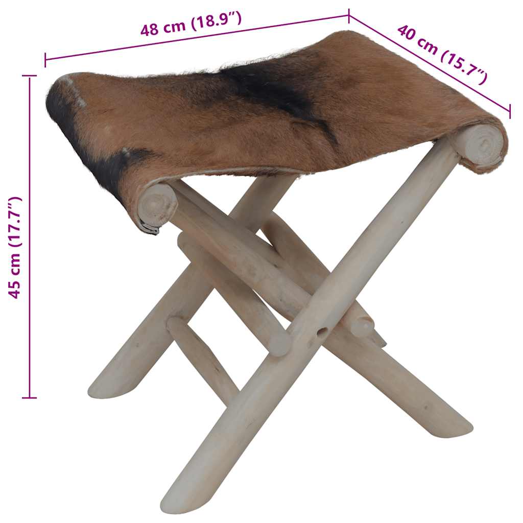 Taburete plegable de piel de cabra y madera de teca maciza