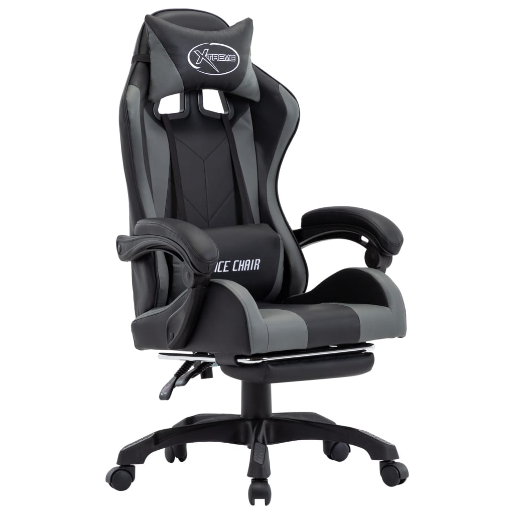 Gaming chair with footrest, synthetic leather, blue and black