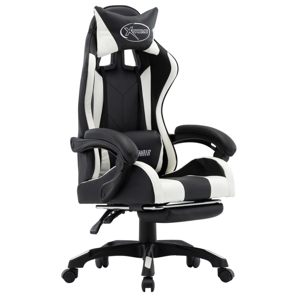 Gaming chair with footrest, synthetic leather, blue and black