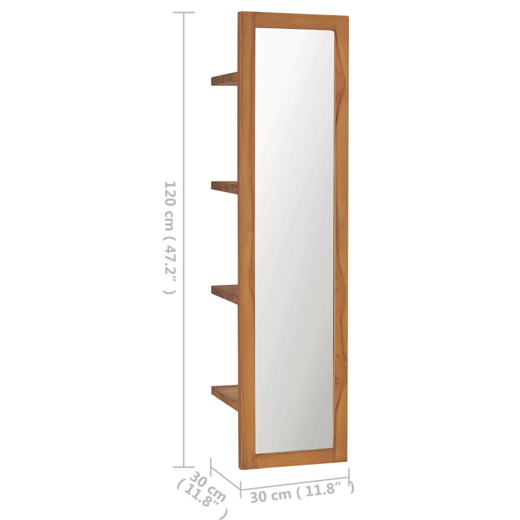Espejo de pared con estantes madera de teca maciza 30x30x120 cm