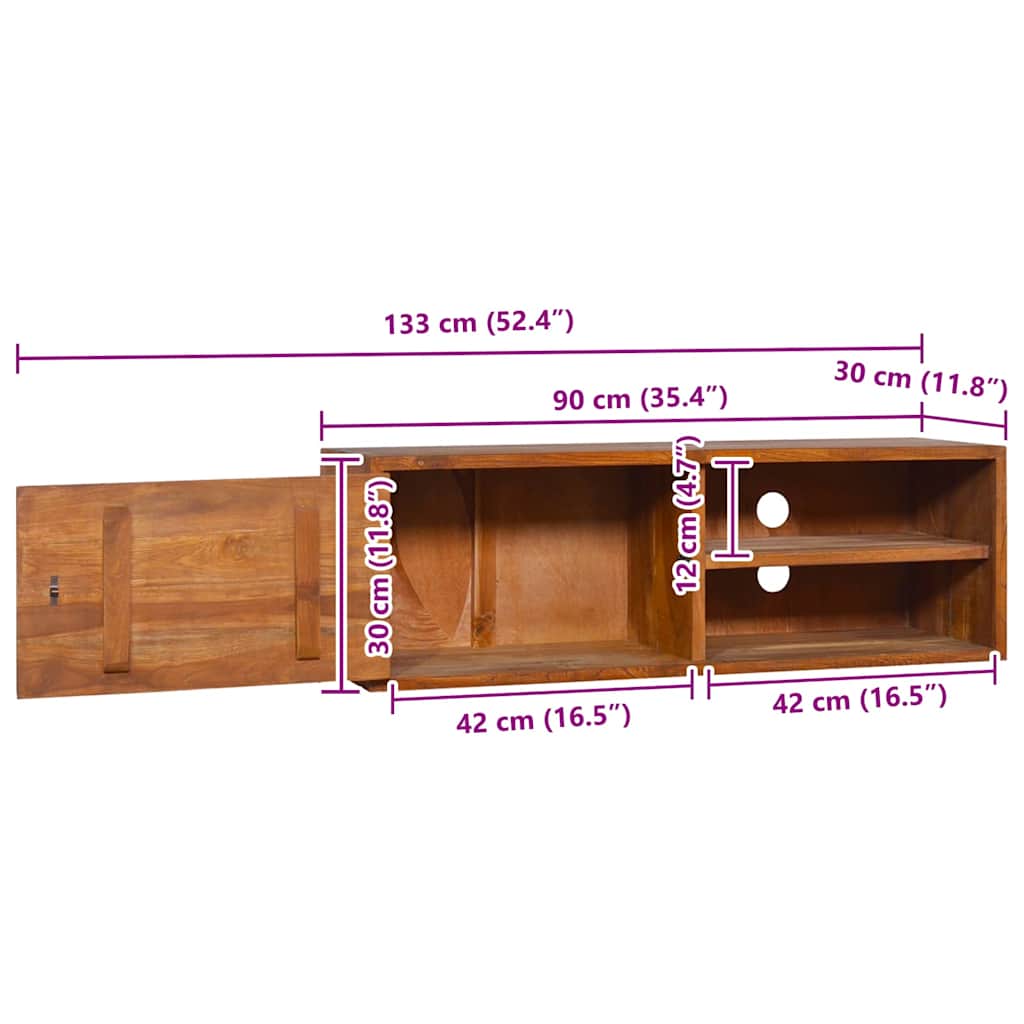 Mueble de TV de pared madera maciza de teca 90x30x30 cm