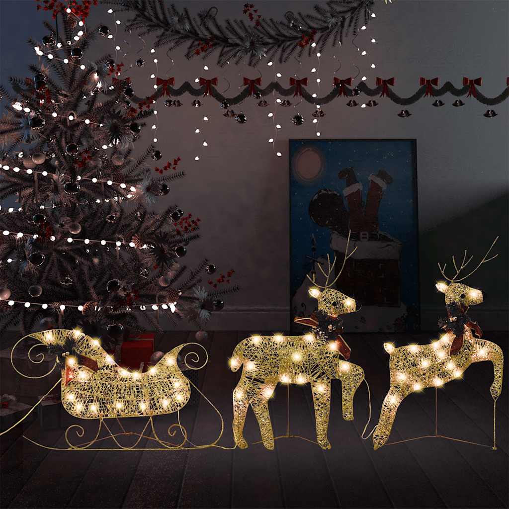 Renos y trineo decoración de Navidad 60 LEDs dorado jardín