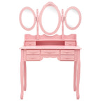 Tocador con taburete y espejo triple plegable rosa