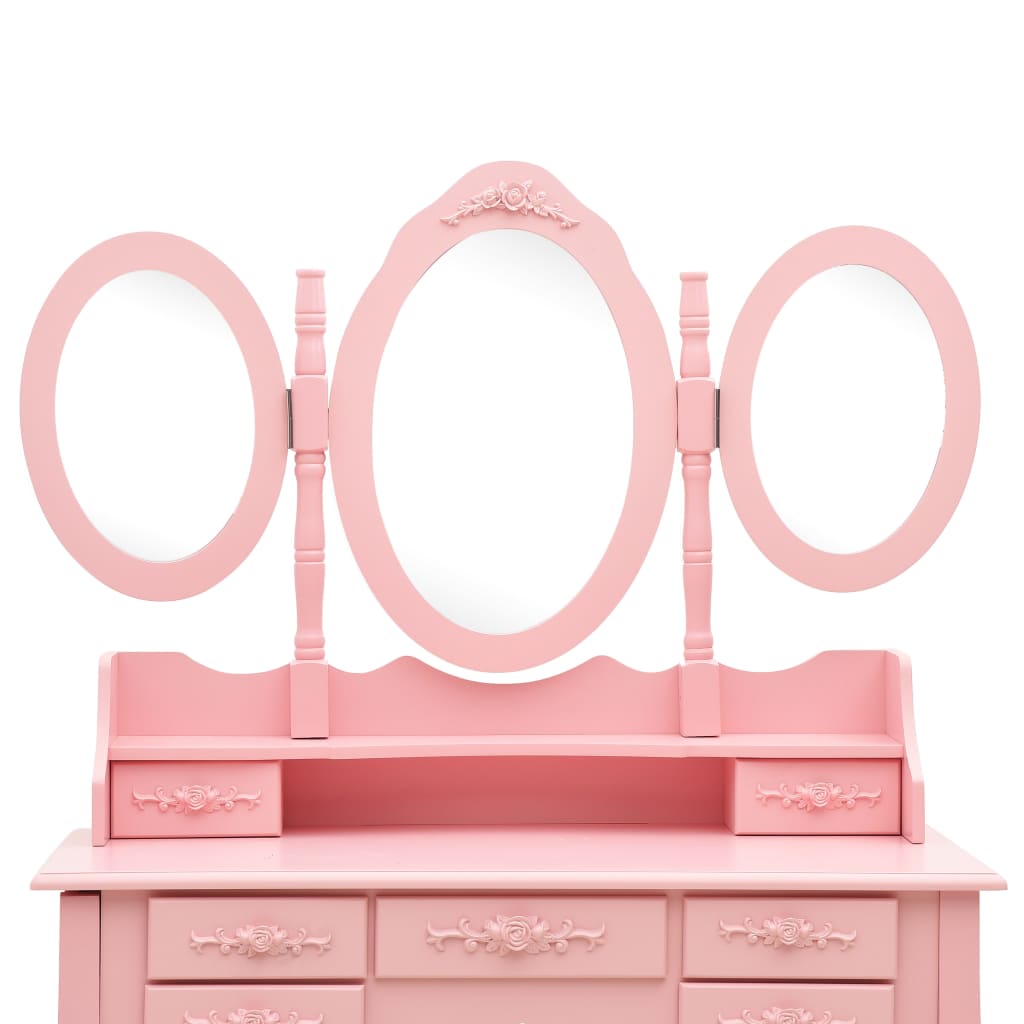 Tocador con taburete y espejo triple plegable rosa