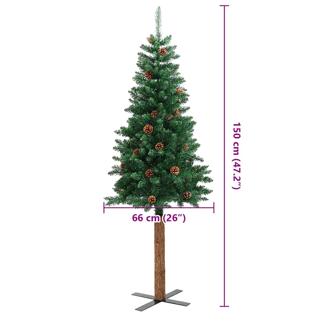 Árbol de Navidad delgado madera auténtica y piñas PVC 150 cm
