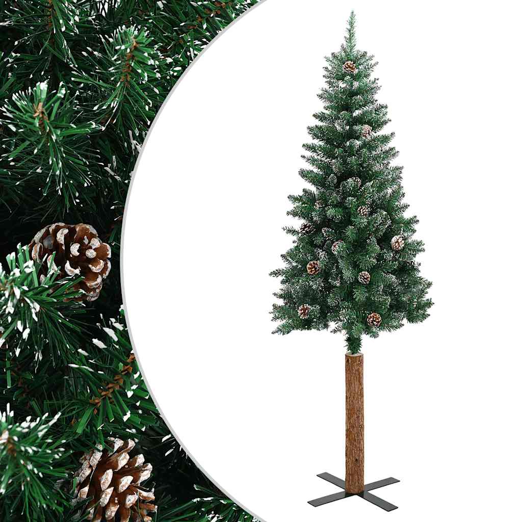 Árbol de Navidad estrecho con madera real y nieve 180 cm verde