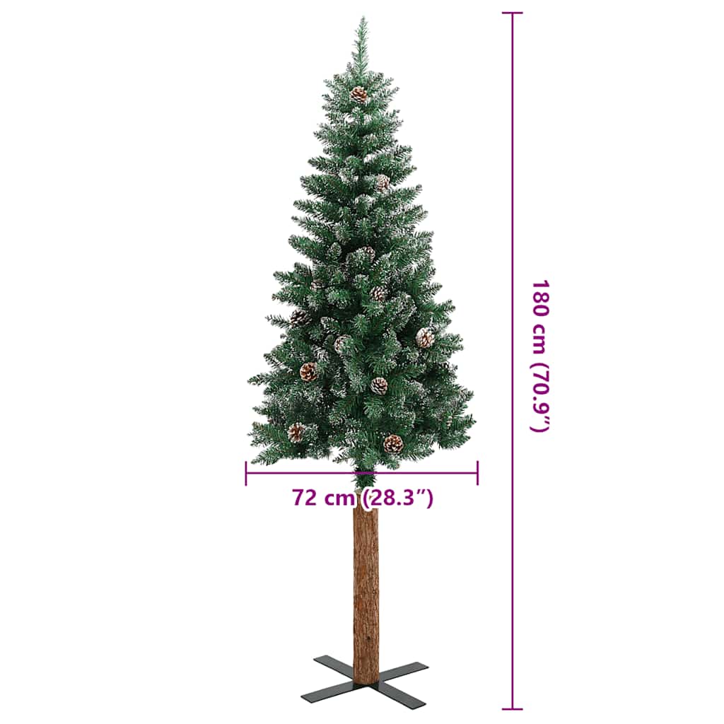 Árbol de Navidad estrecho con madera real y nieve 180 cm verde