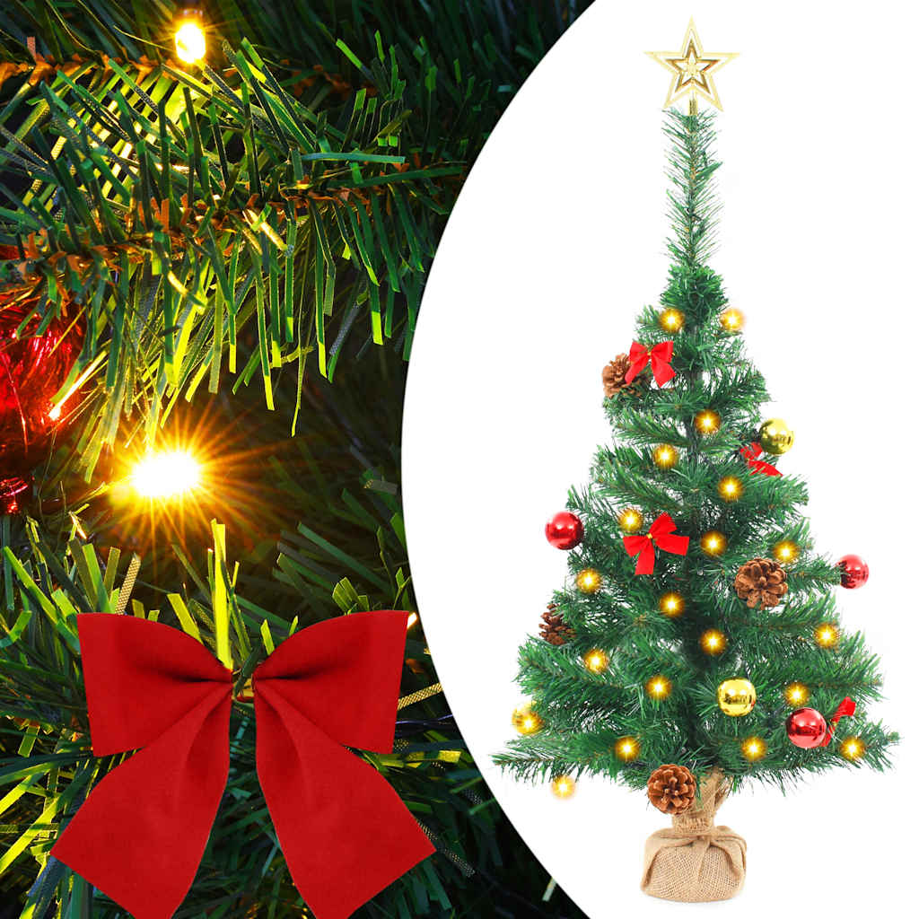 Árbol de Navidad preiluminado con luces y bolas verde 64 cm