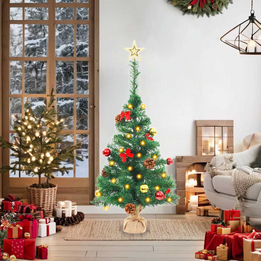 Árbol de Navidad preiluminado con luces y bolas verde 64 cm