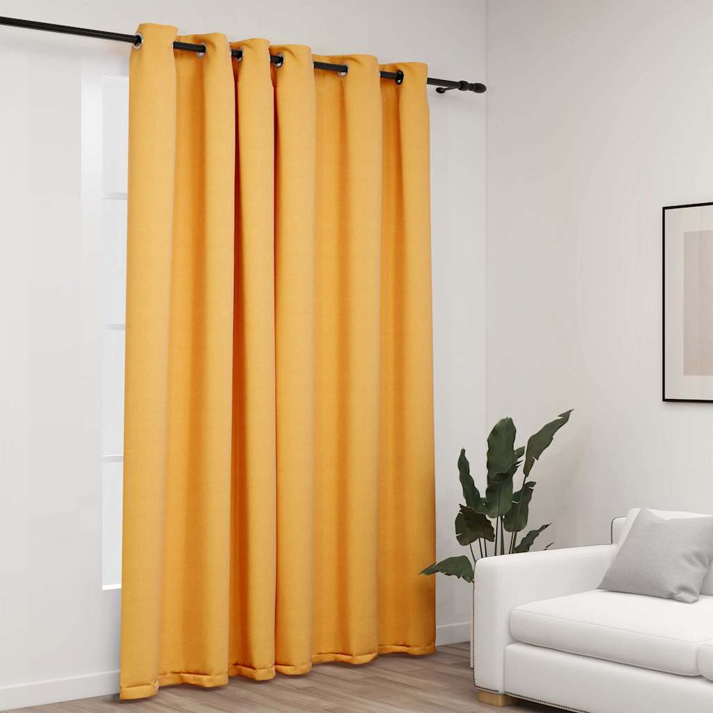 Cortina opaca con ganchos look de lino amarillo 290x245 cm