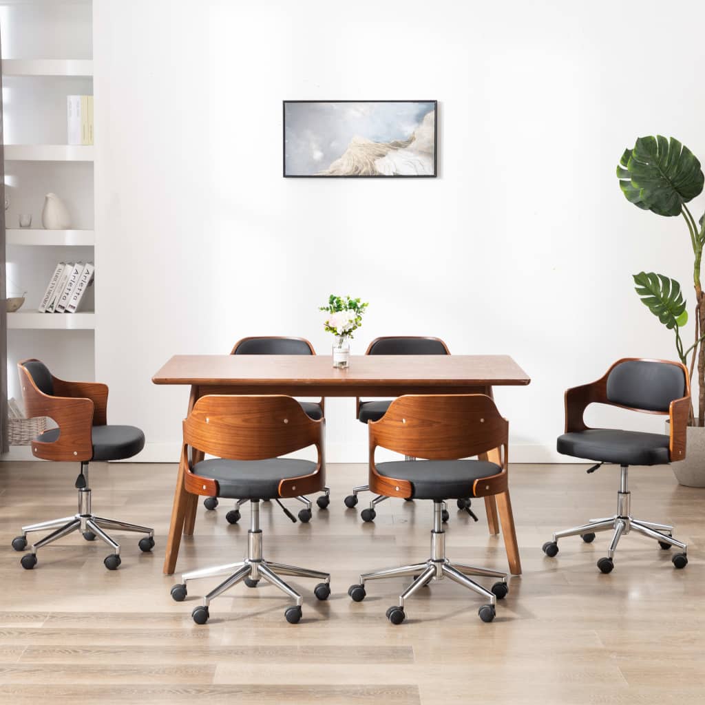 Swivel dining chairs, 6 pcs, curved wood, taupe gray fabric