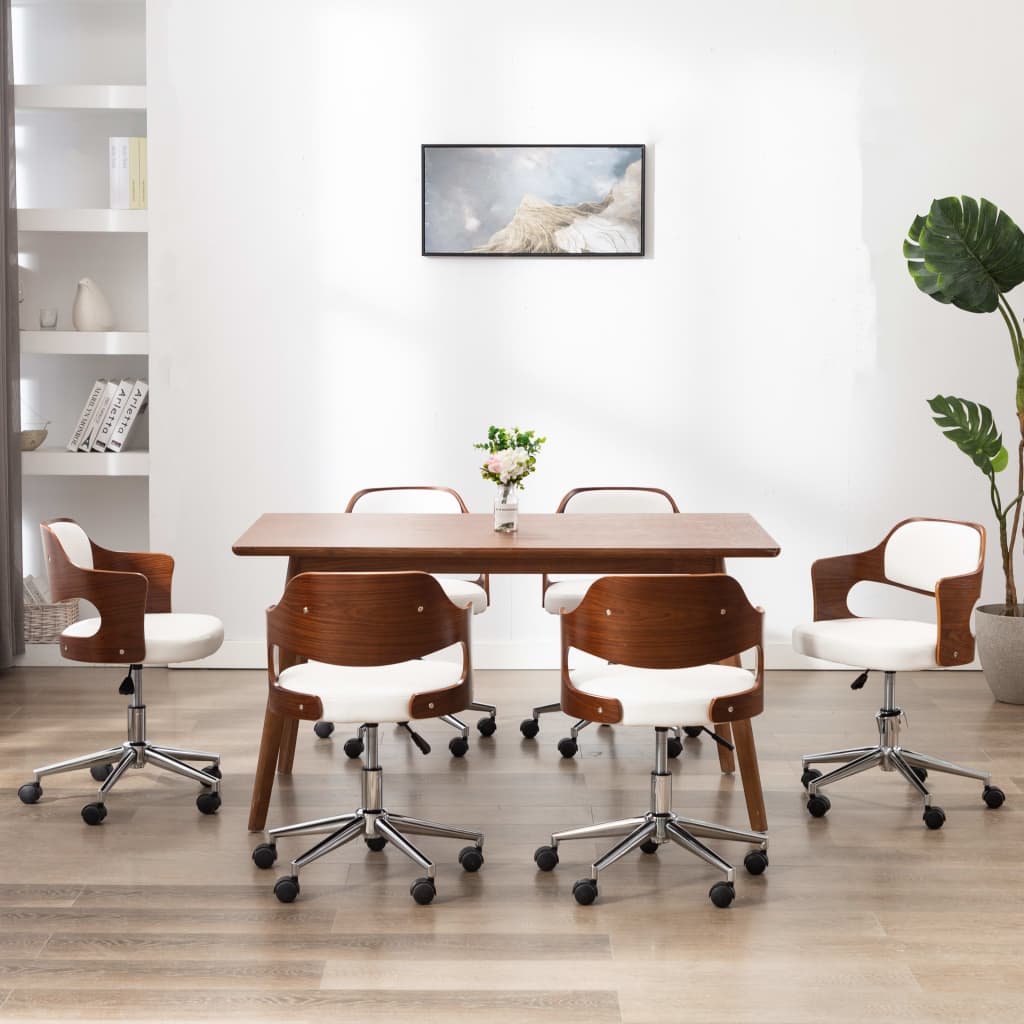 Swivel dining chairs, 6 pcs, curved wood, taupe gray fabric