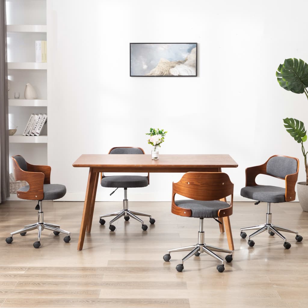 Swivel dining chairs, set of 4, curved wood, taupe gray fabric