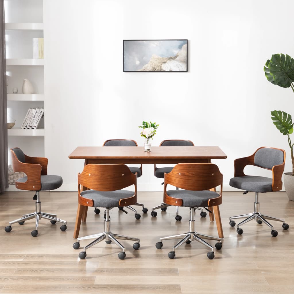 Swivel dining chairs, 6 pcs, curved wood, taupe gray fabric