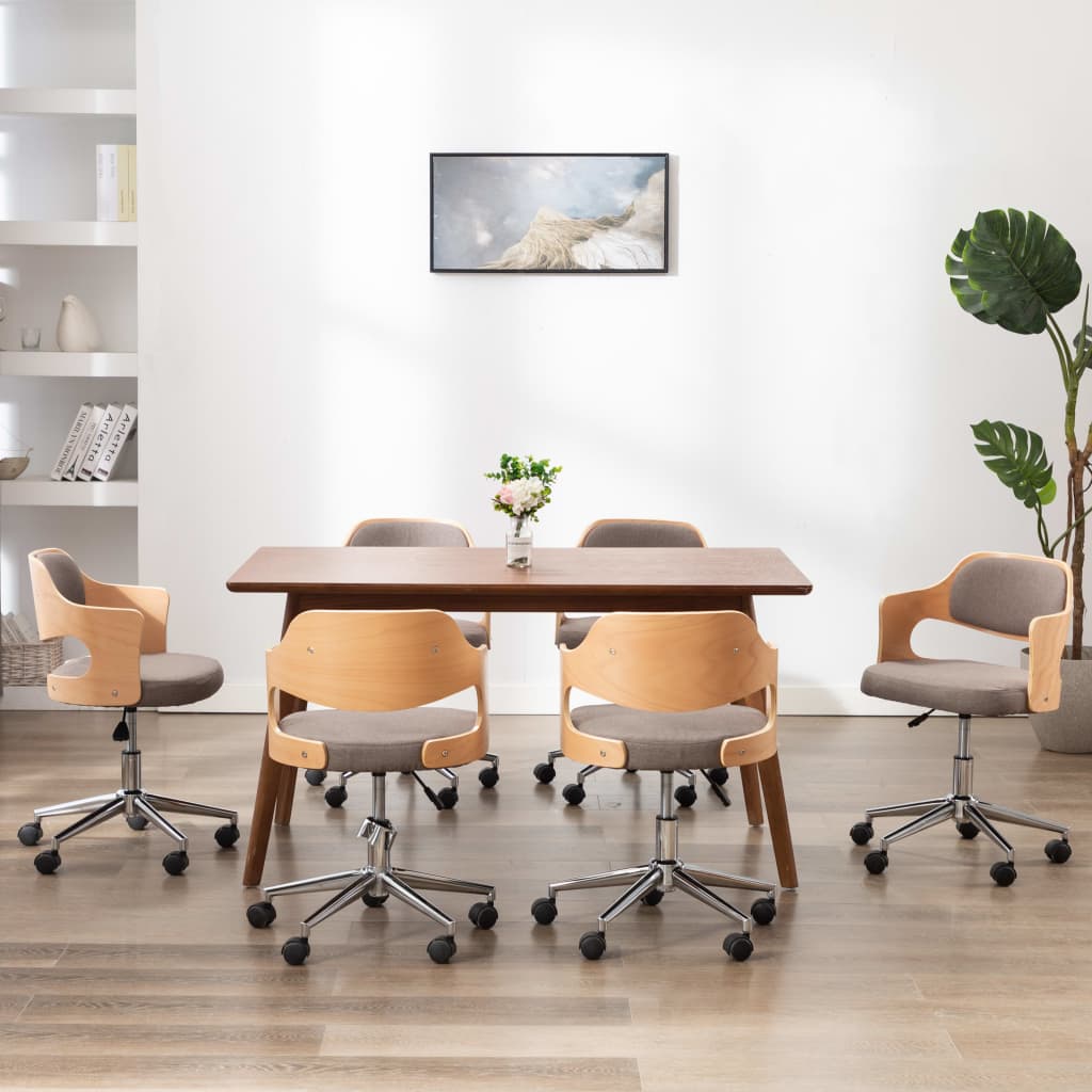 Swivel dining chairs, 6 pcs, curved wood, taupe gray fabric