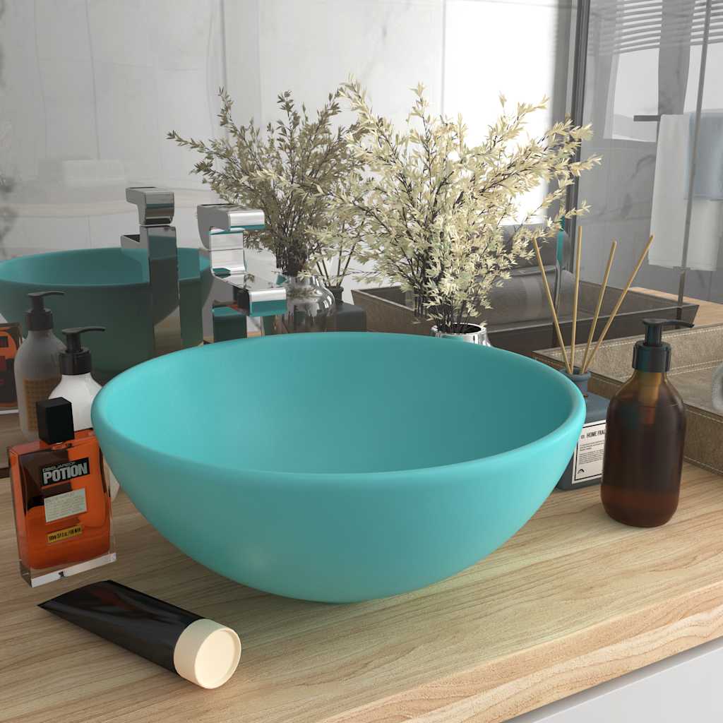 Lavabo de lujo redondo cerámica azul claro mate 32,5x14 cm