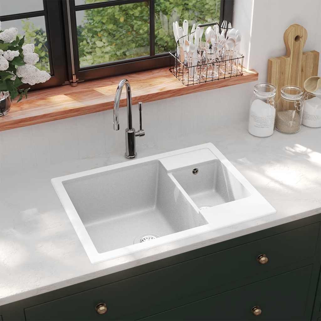Fregadero de cocina doble seno con rebosadero granito blanco