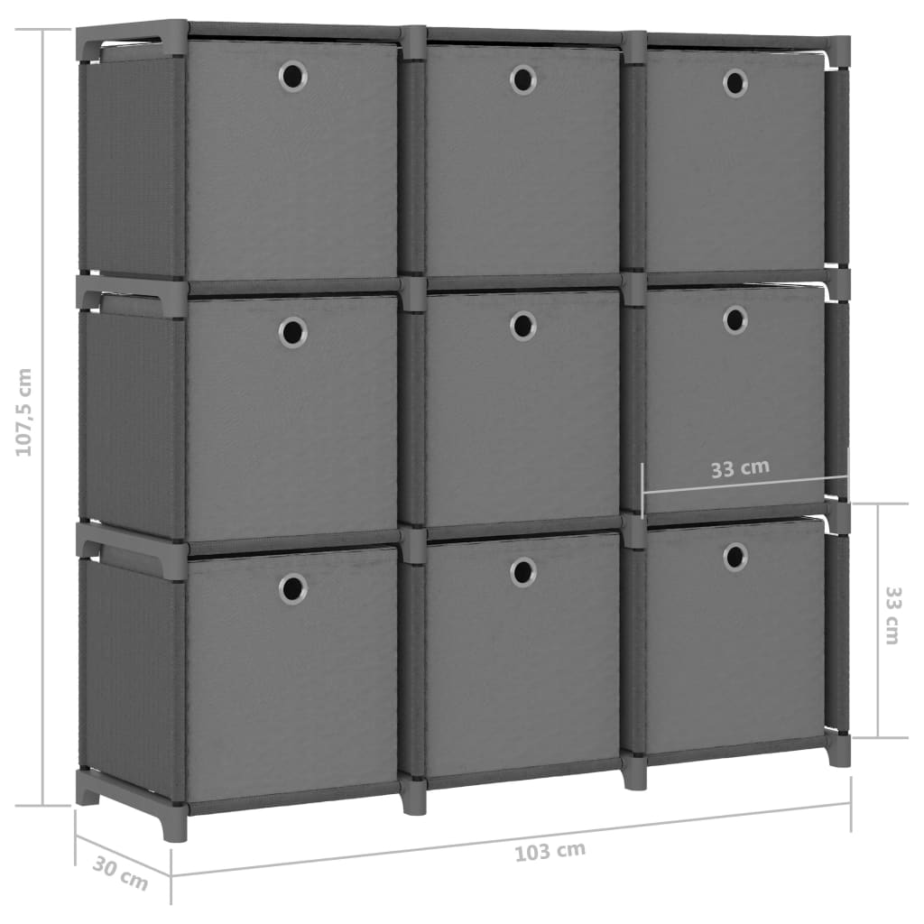Estantería de 9 cubos con cajas de tela gris 103x30x107,5 cm