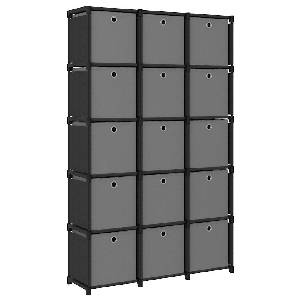 15-cube shelving unit with gray fabric boxes 103x30x175.5 cm