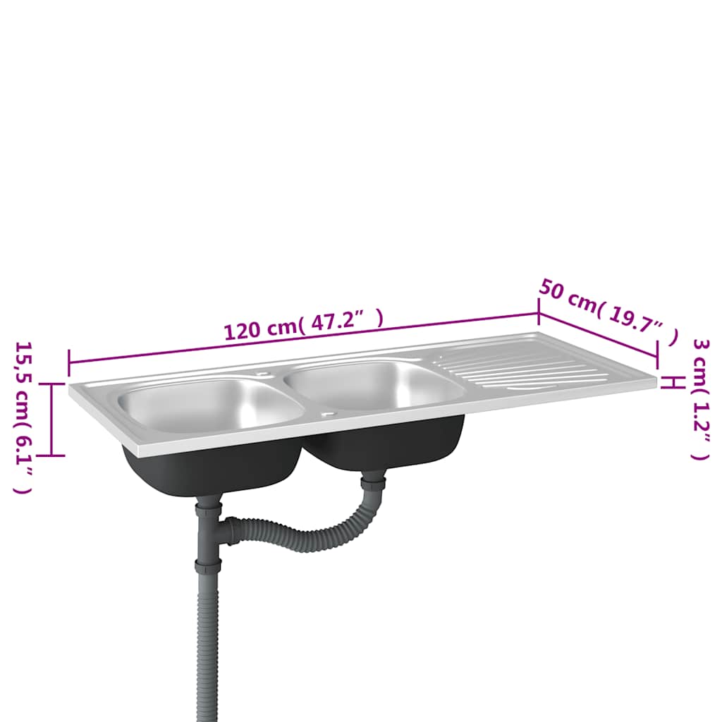 Fregadero de cocina doble seno acero inoxidable 1200x500x155 mm