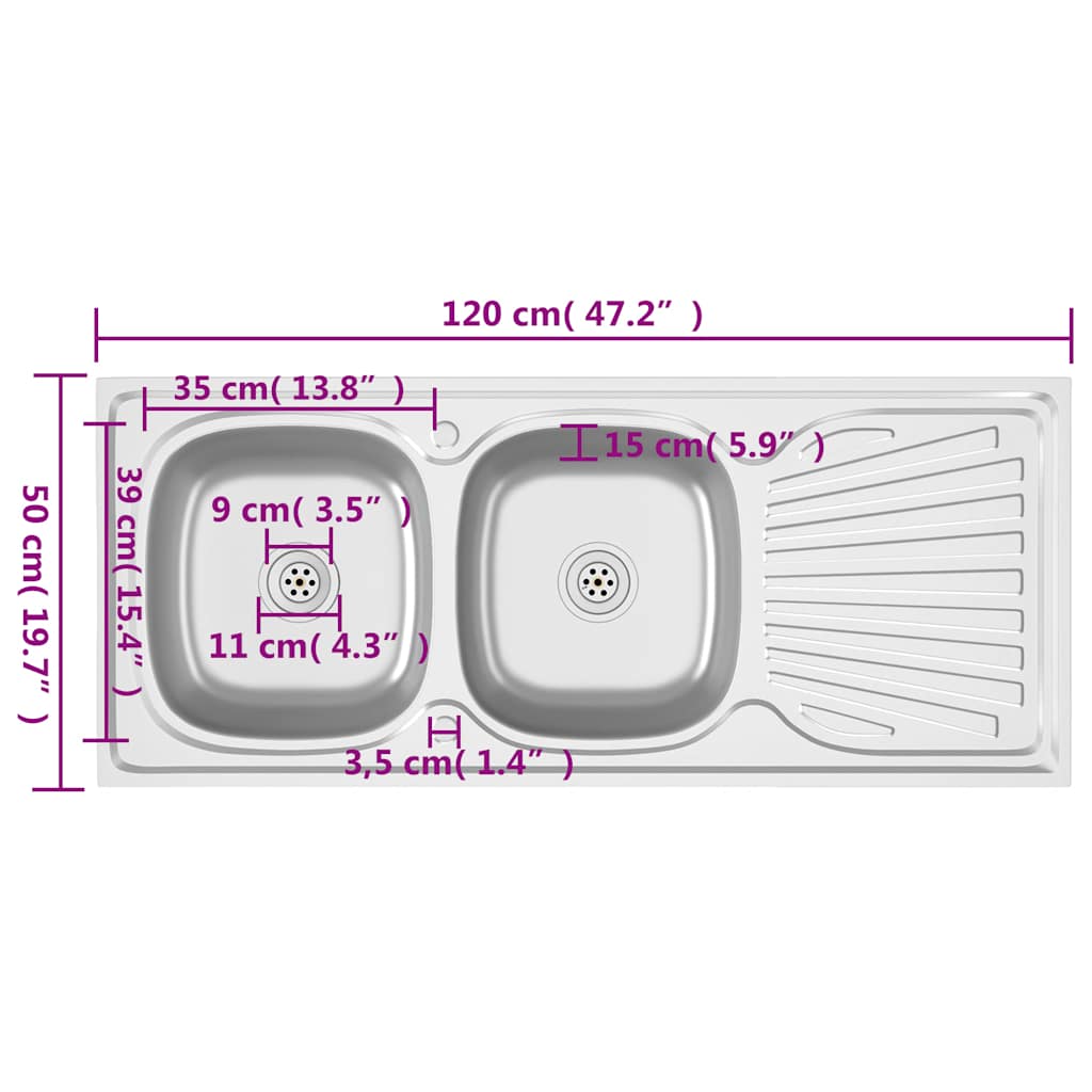 Fregadero de cocina doble seno acero inoxidable 1200x500x155 mm