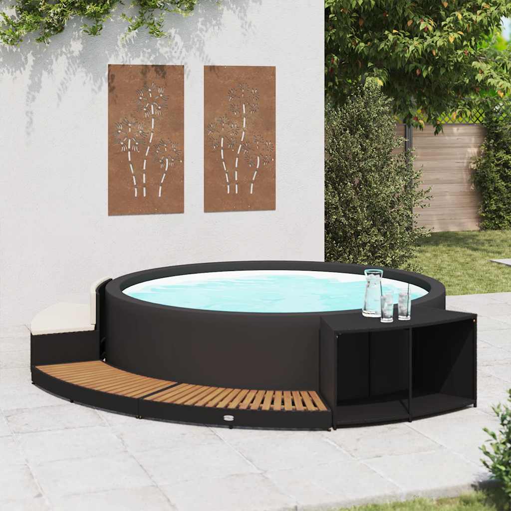 Borde de bañera de hidromasaje ratán PE madera de acacia negro