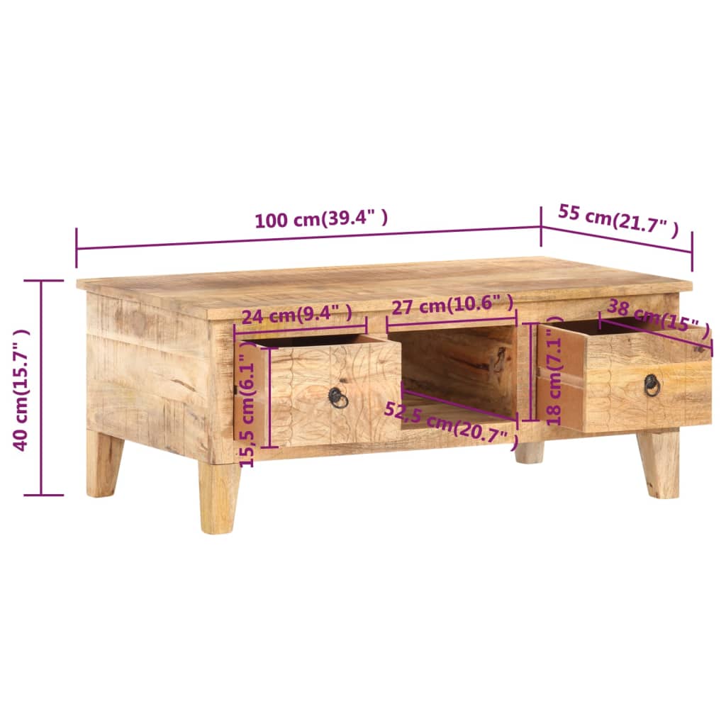 Mesita de centro madera de mango rugosa 100x55x40 cm