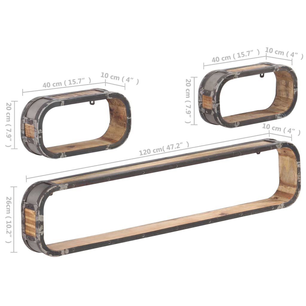 Juego de estantes de pared 3 piezas madera maciza de mango