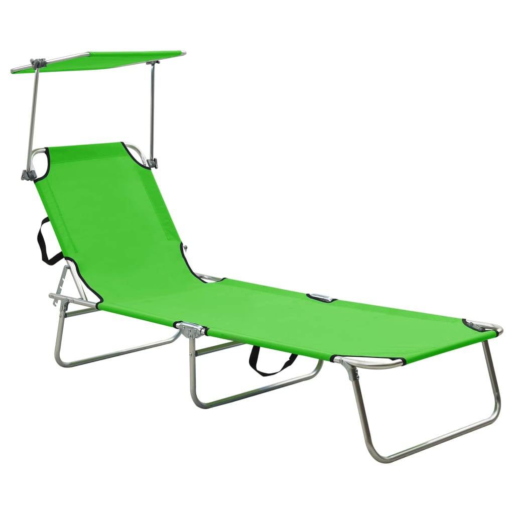 Folding sun lounger with blue aluminum canopy